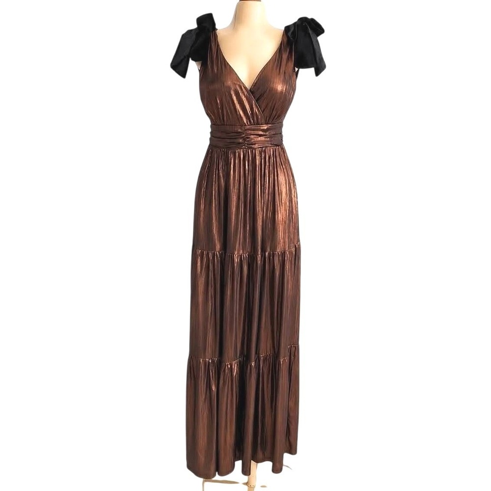 Sugarlips Bronze Metallic Pleated Maxi Dress Velvet Tie Shoulder XL NWT
